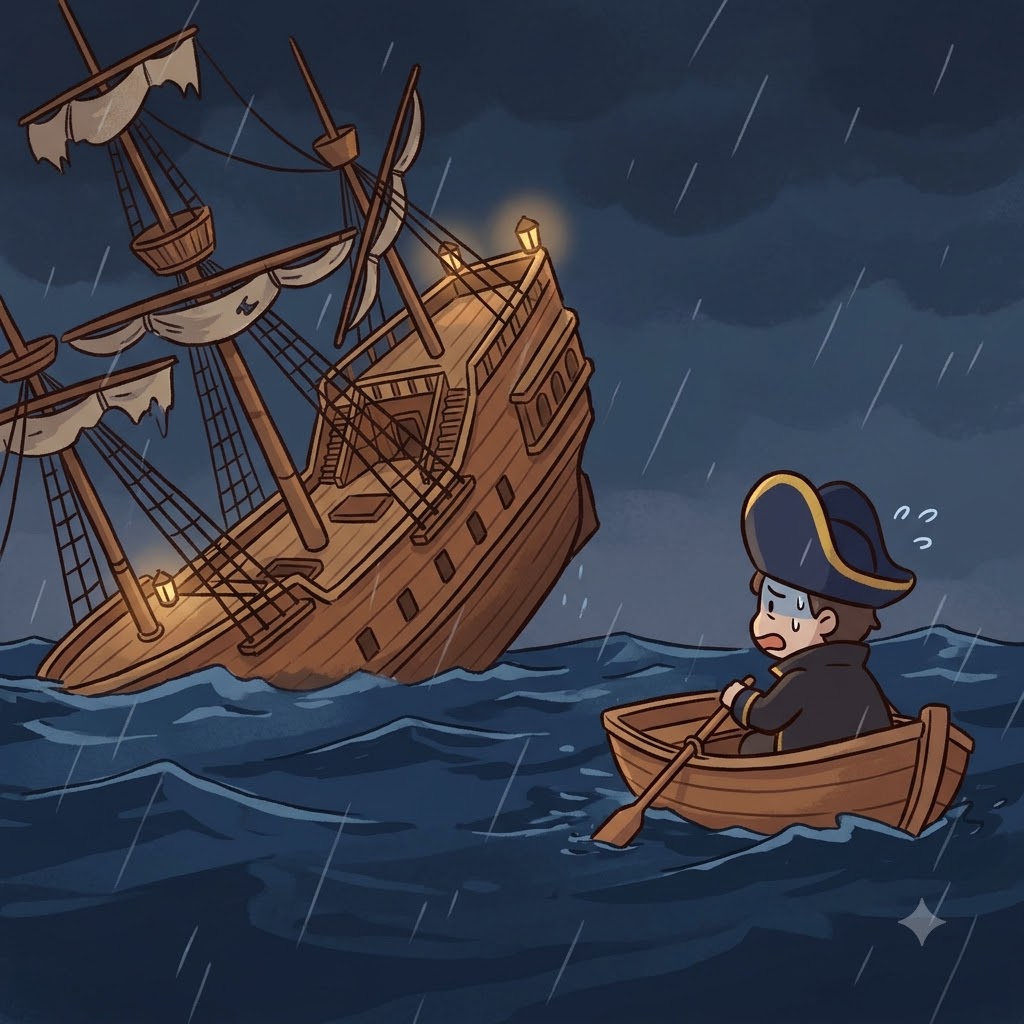 As the dark water rapidly filled the lower deck, the cowardly captain chose to abandon his sinking ship.