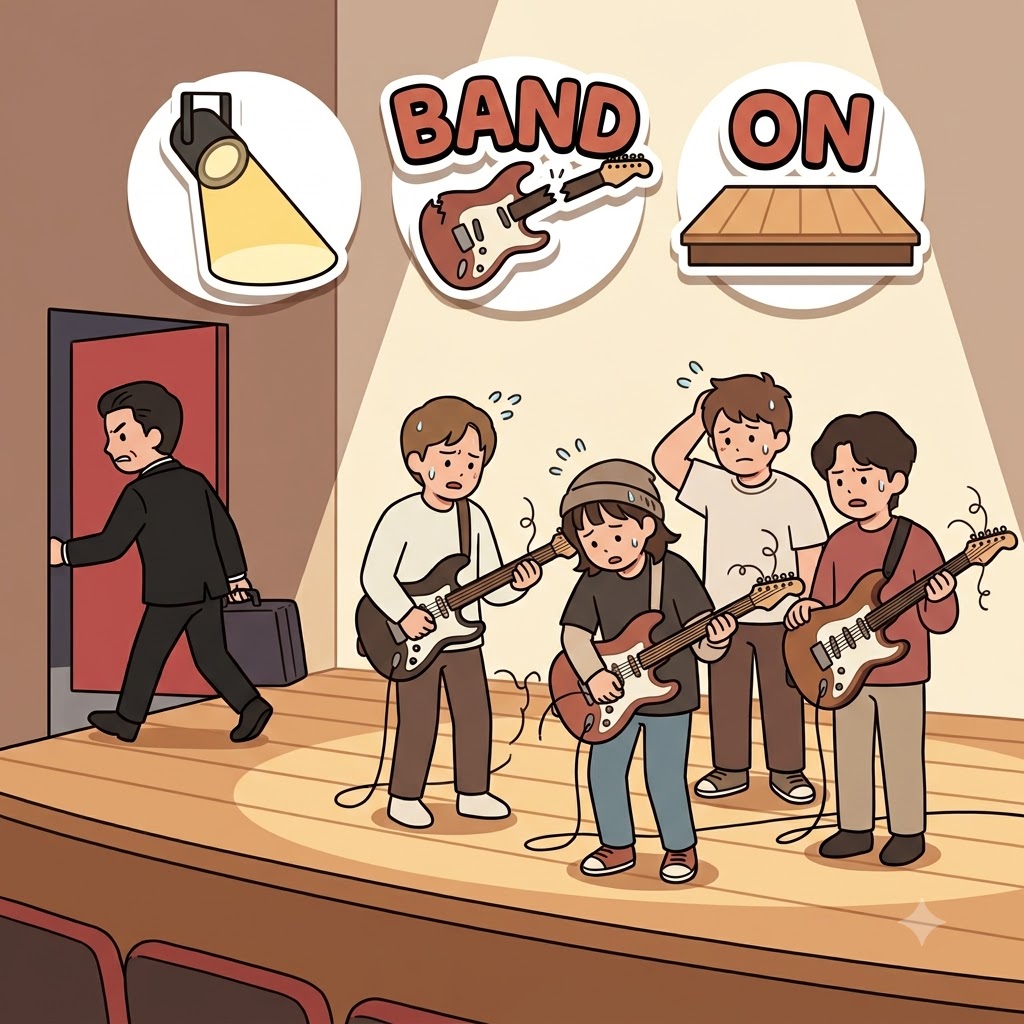 A(one) + BAND(music group) + ON(on stage) — disgusted by the terrible music, the angry manager left A BAND ON the stage to abandon them forever.
