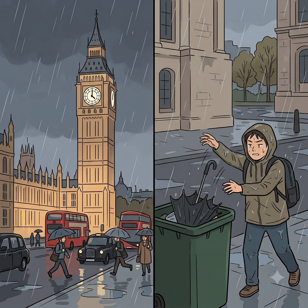 Caught in the terrible winds of London, the tourist decided to completely abandon his broken umbrella.