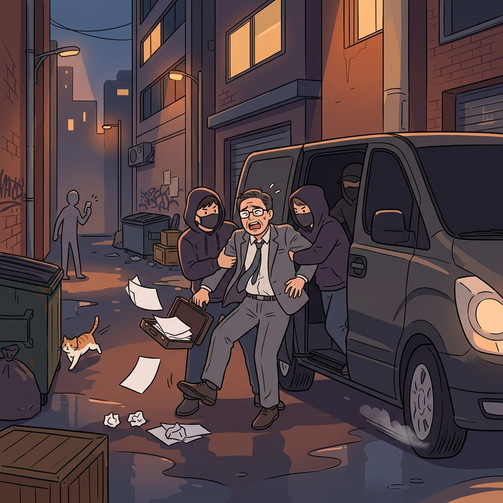 Masked figures abduct a startled businessman into a black van at dusk.