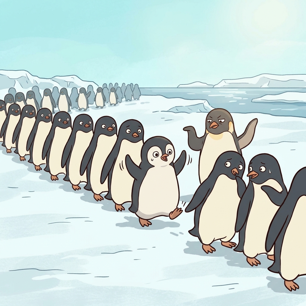 One penguin walks backward while the whole colony marches forward — clearly aberrant behavior.