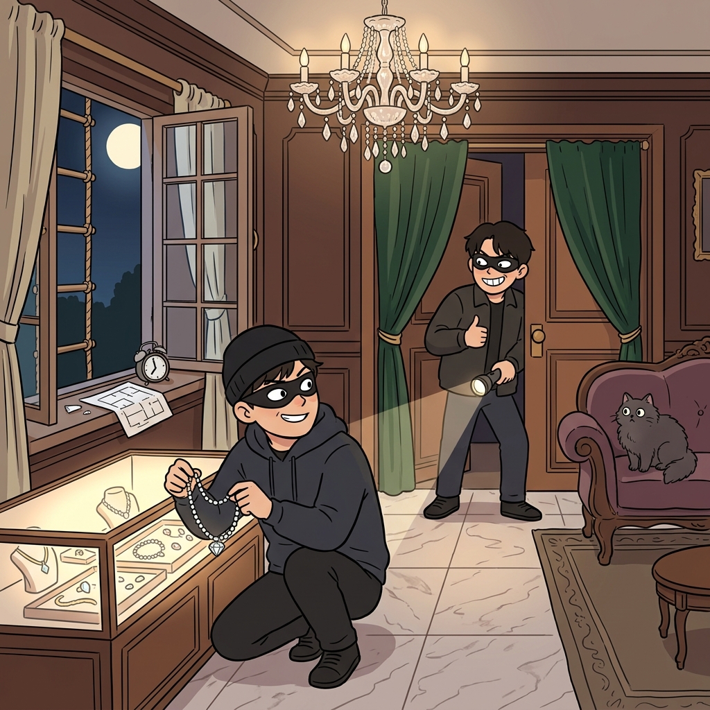 Two thieves abet each other while stealing jewels from a moonlit mansion.