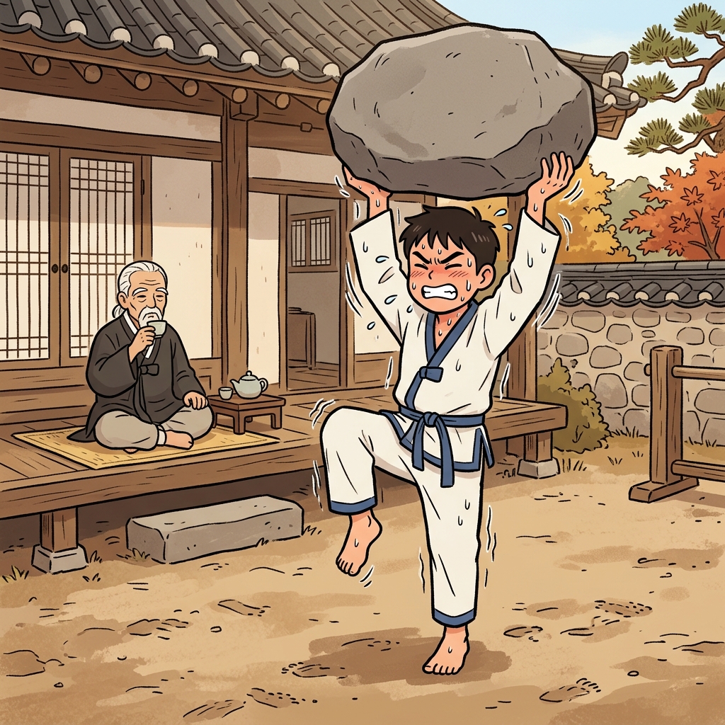 "아(a) 바위(bi) 드(de)는 거 너무 무겁다!" 그는 무거운 벌을 꾹 참고 견뎠다(abide).