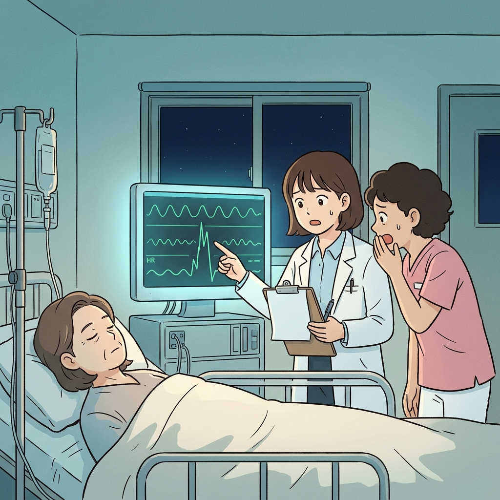 The doctor frowns at an abnormal heartbeat spike on the monitor.