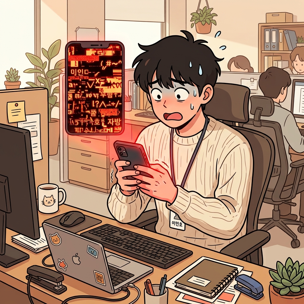 비정상적인(abnormal) 스마트폰 화면을 본 그는 당황했다. (앱(app) 노멀(normal))