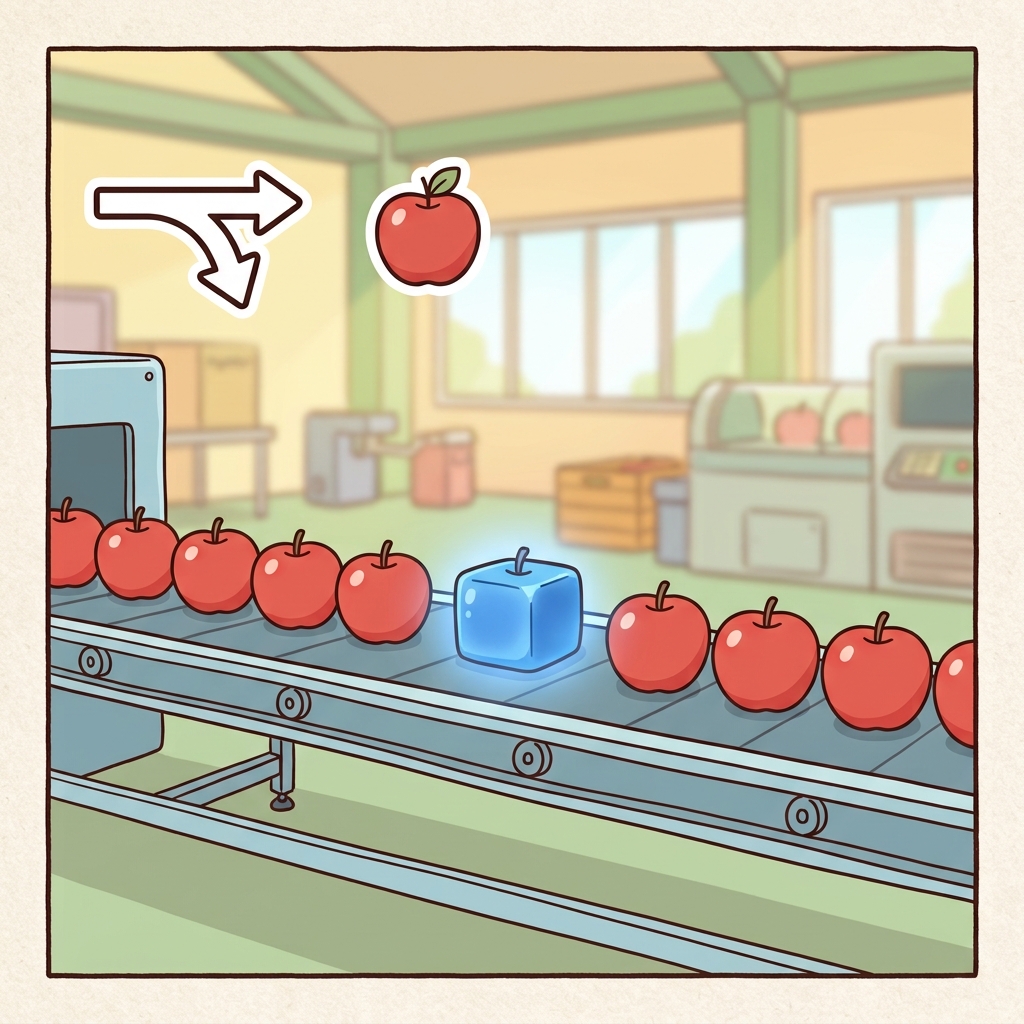 AB(away from) + NORMAL(usual) — a blue square apple is an abnormality moving away from the normal shape.