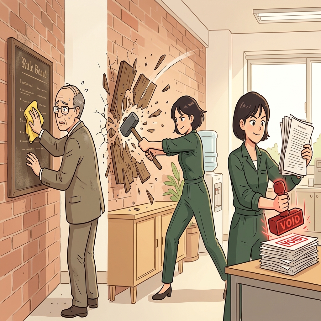 Refusing to just polish the bad company policy, the new manager chose to completely demolish the old suggestion box and officially abolish the rule.