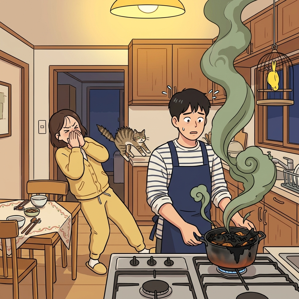 The kitchen smelled abominable after he burned the fish stew.
