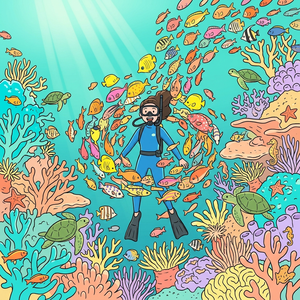Tropical fish abound around the colorful coral reef where the diver swims.