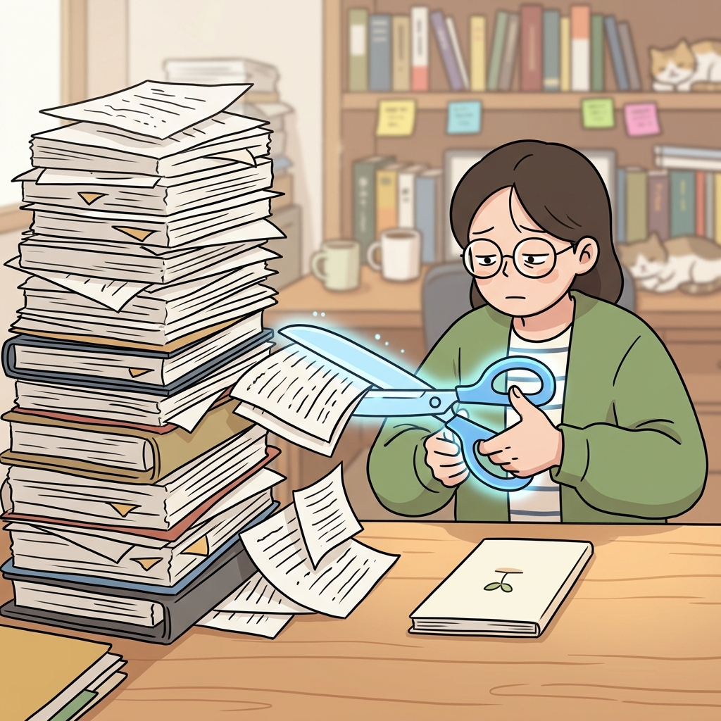 The editor cut the massive pile of paper to abridge it into a thin book.