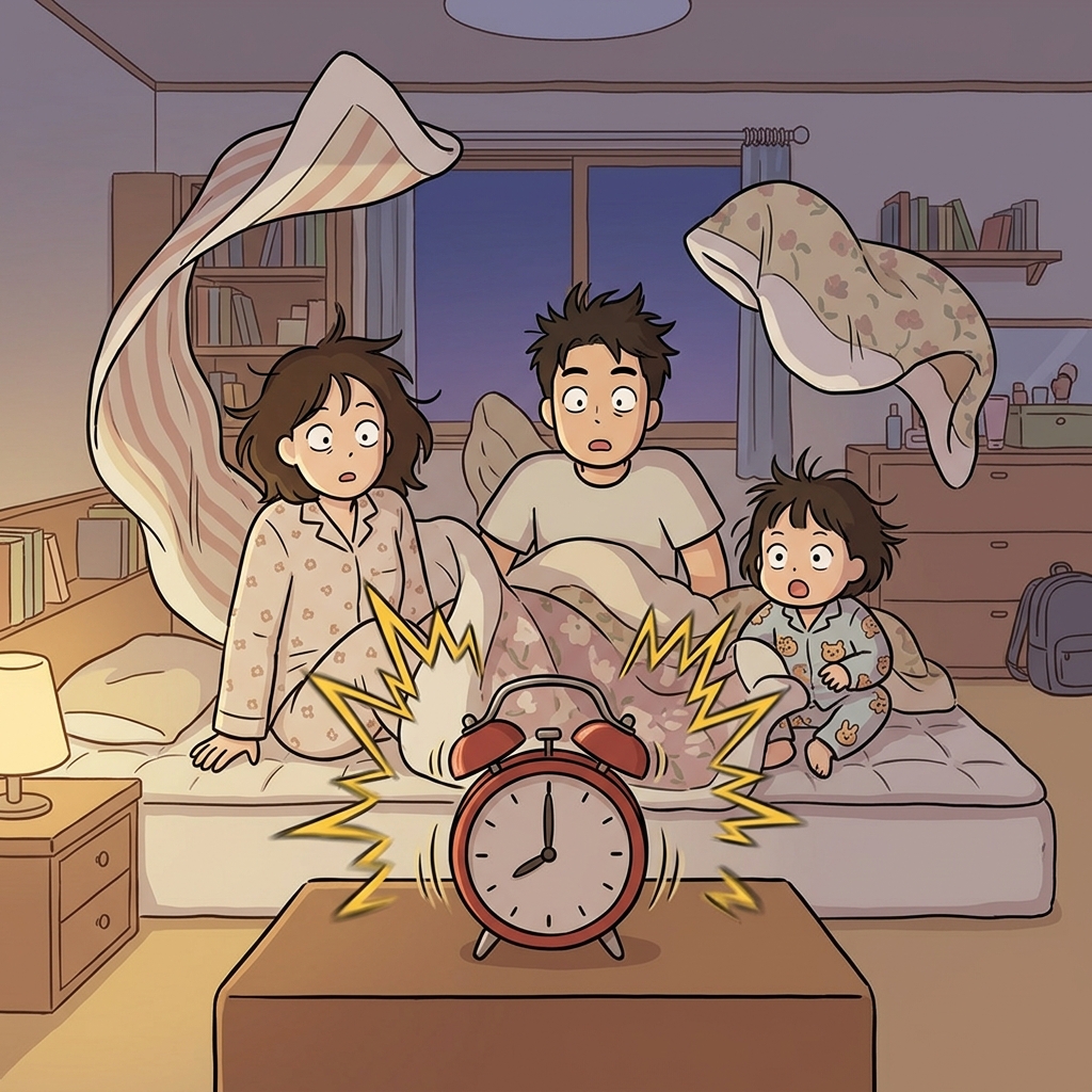 갑작스럽게 울린 경보음에 모두가 즉시 깨어났다. ("아! 불!" 갑자기 화재경보가 울린다.)