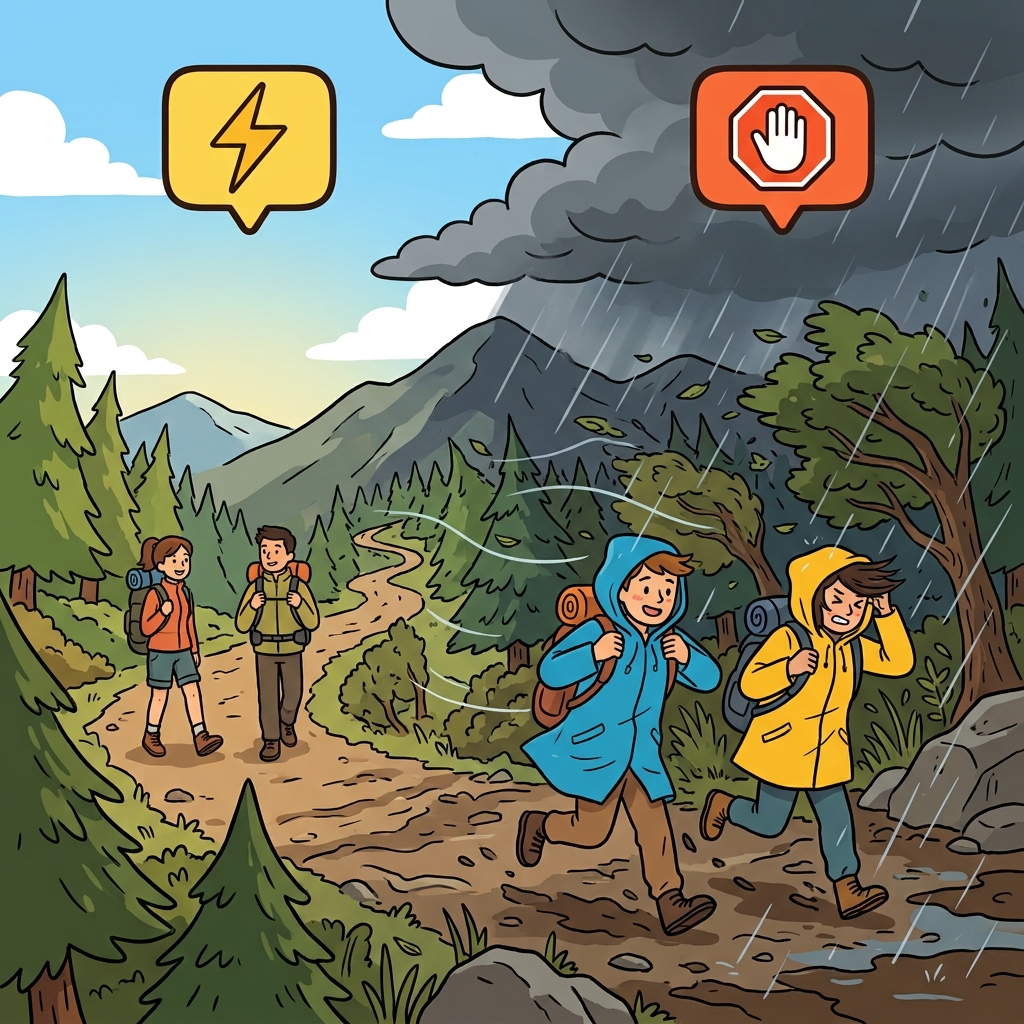 The weather changed abruptly during the hike. (⚡ Sudden + 🛑 Unexpected → Abrupt)