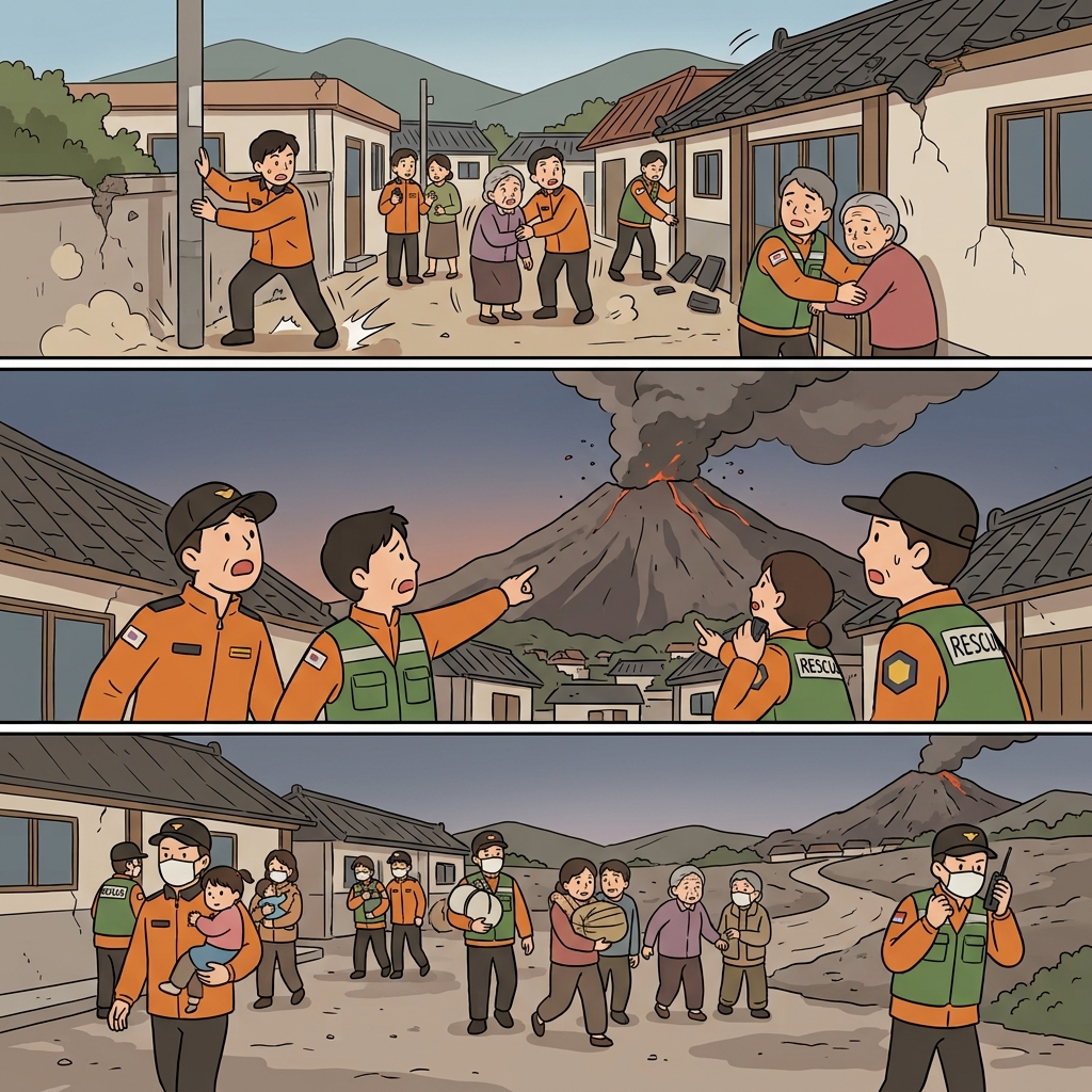 The abrupt earthquake made the volcano erupt and interrupted the rescue mission.