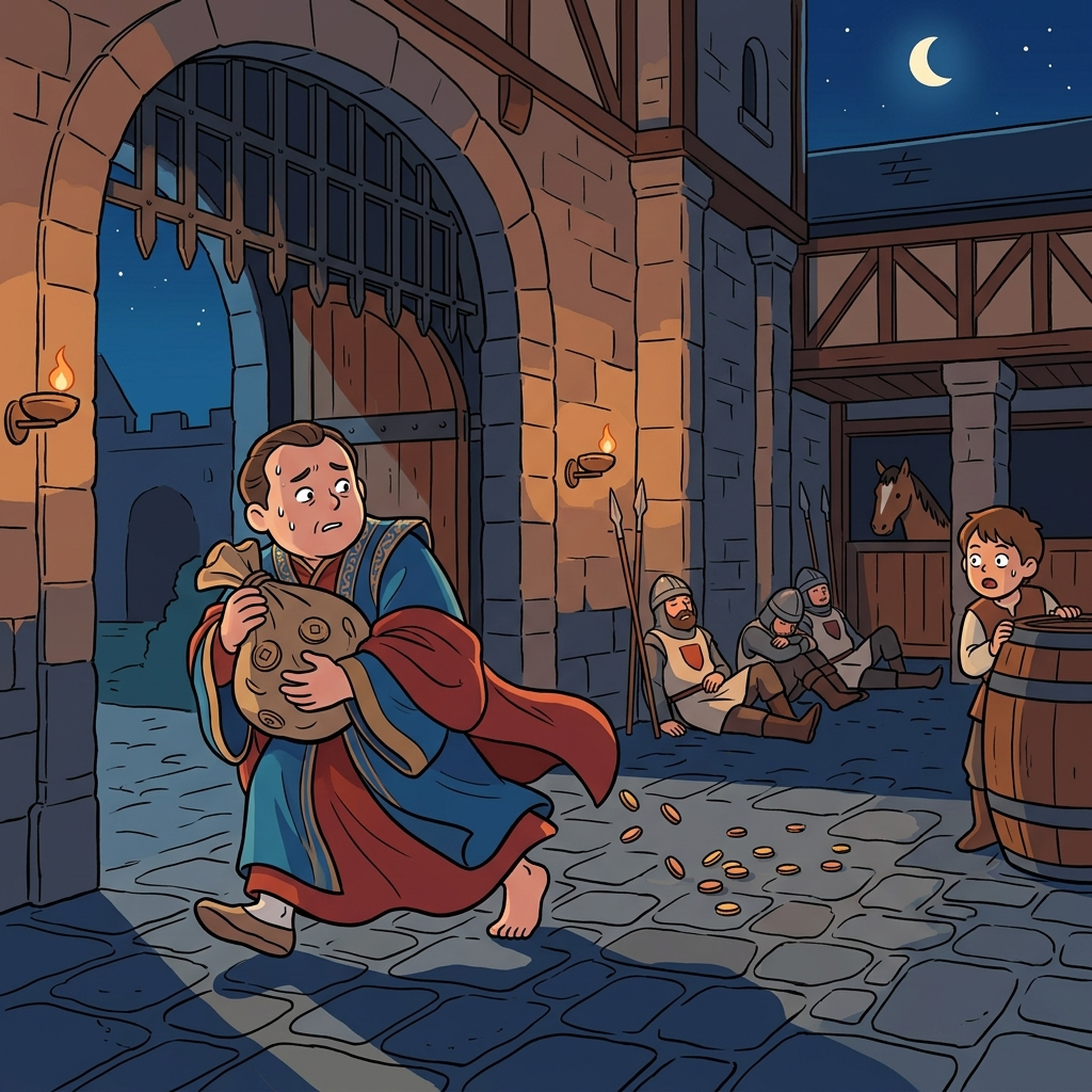 The treasurer abscond with the royal gold, slipping out the palace gate at midnight.