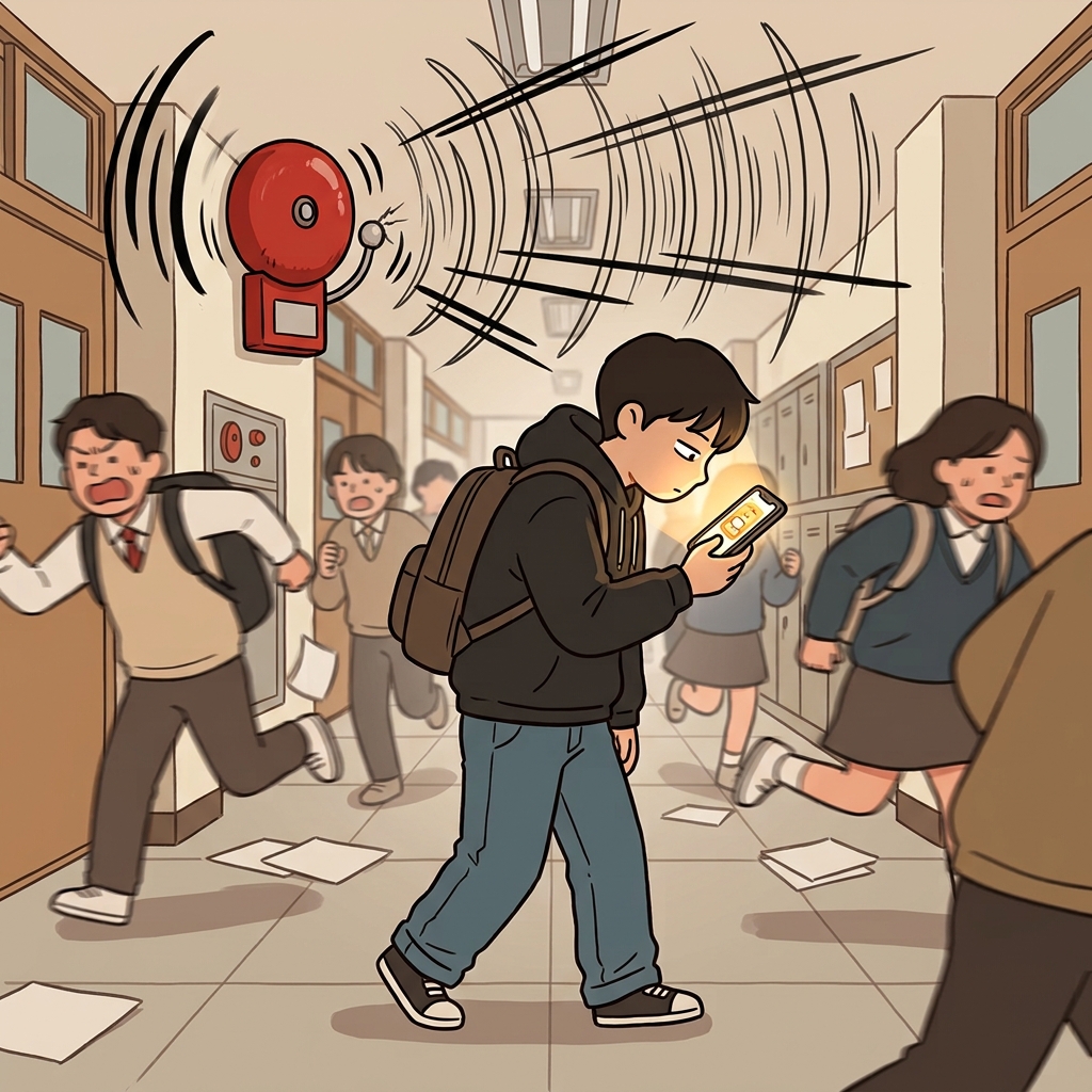 십 대 소년이 새로운 스마트폰 앱에 완전히 몰두(흡수)한 나머지, 그는 시끄러운 화재경보기를 완전히 무시하게 되었다. (재미있는 스마트폰 앱(app)에 정신이 쏙(sorp) 빠져버림)