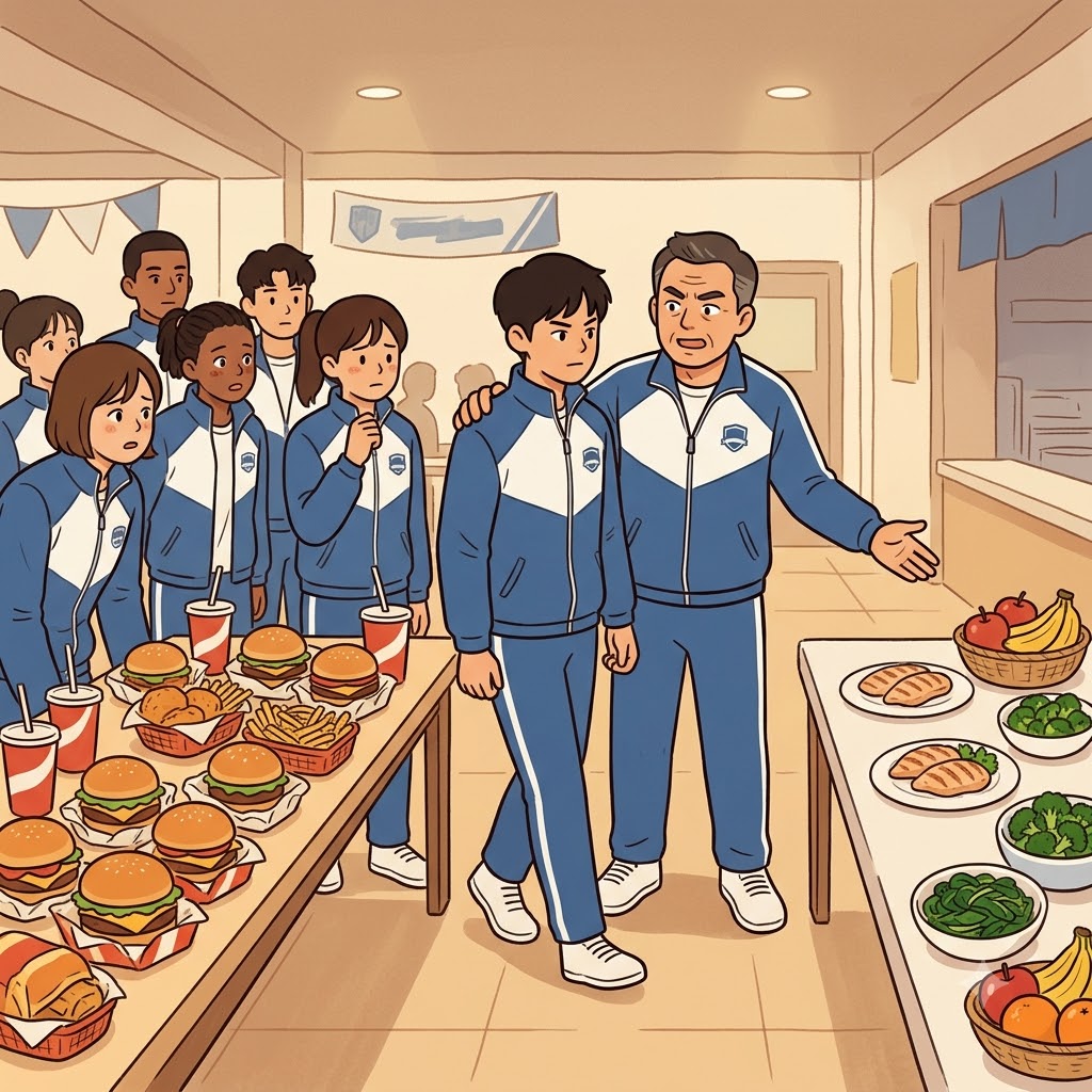 감독은 "앞서 타임!"이라고 외쳤고, 선수들은 우승을 위해 정크푸드를 먹지 않고 삼갔다(abstain from). ("앞서 타임!" → 앞서가려면 자제할 시간이다.)