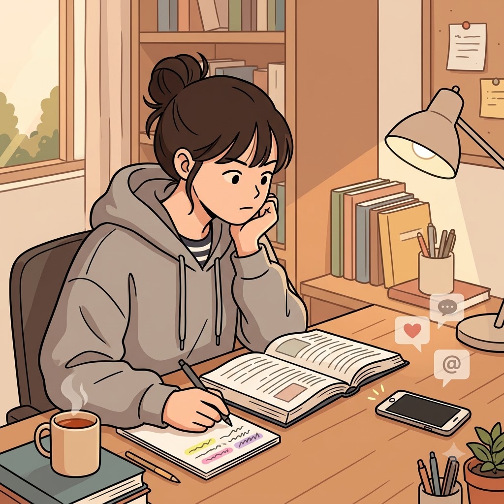 The student looked at the flashing phone, smiled, and chose to abstain from social media until the exams were over. ("Ah... but stay!" → The temptation says, "Come!" You say, "I'll stay away.")