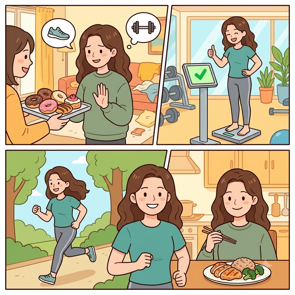 She abstained from sweets, attained her goal, and maintained a healthy lifestyle.