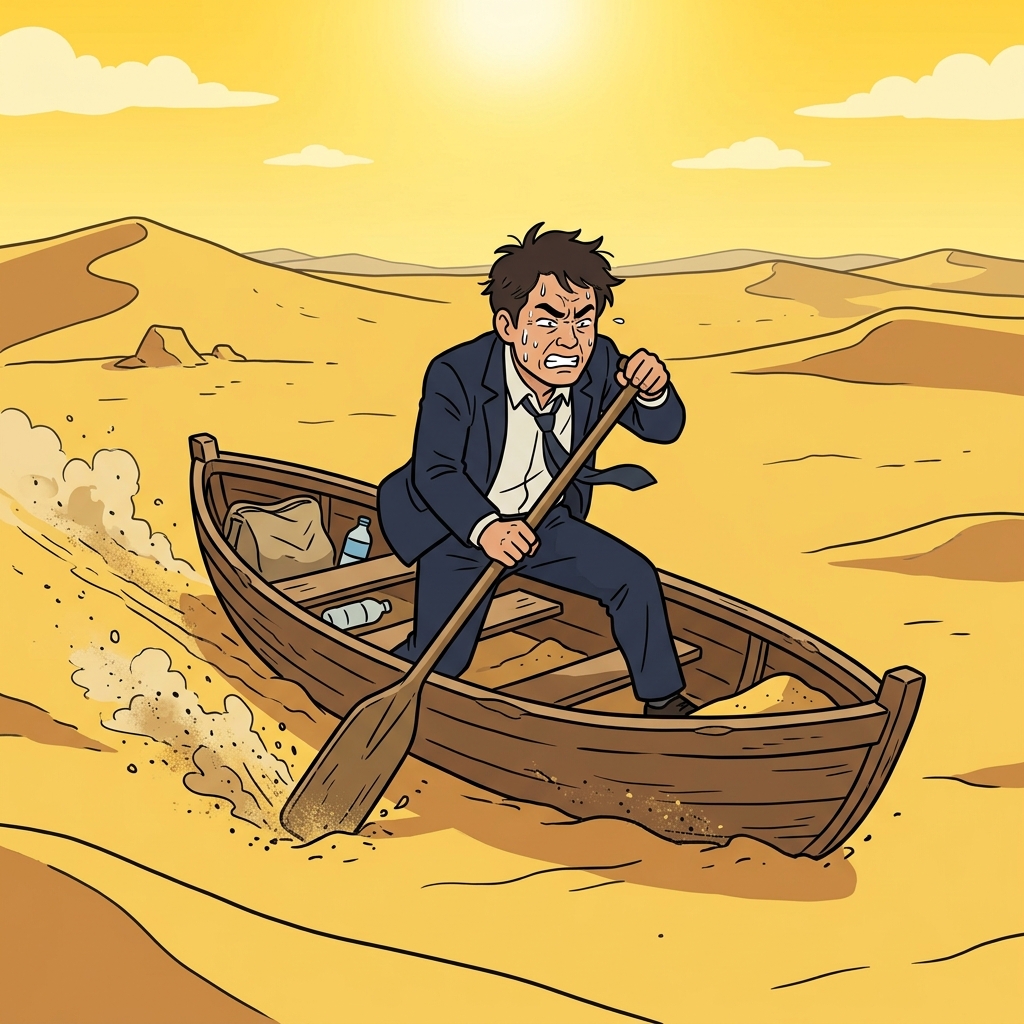 The businessman aggressively rowed his boat across the dry desert sand, a completely absurd attempt to travel.