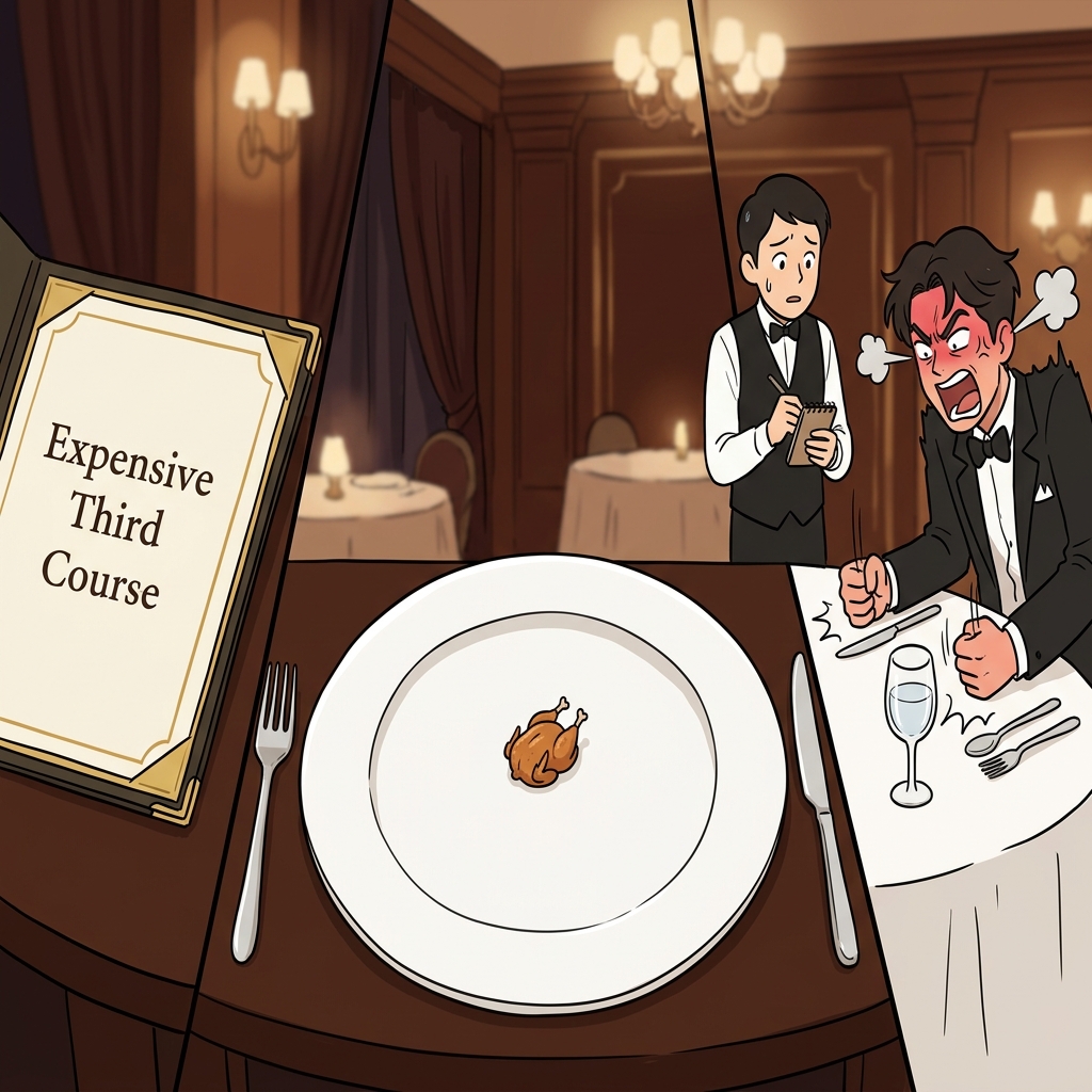 Pointing at the microscopic roasted bird served for his third course, the furious customer aggressively slammed the table, screaming at the completely absurd portion size.