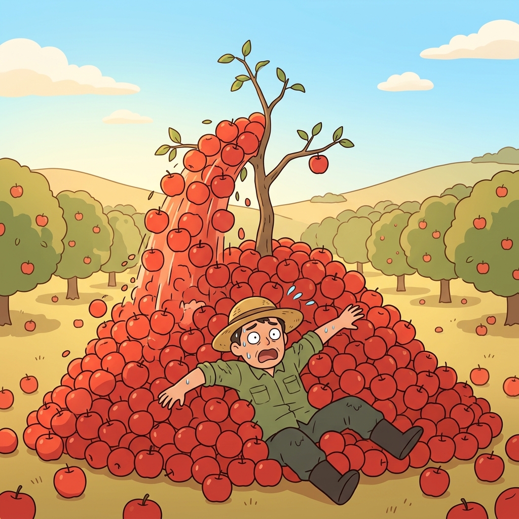 The shocked farmer was instantly buried under an explosive abundance of giant red apples falling from his comically tiny tree.