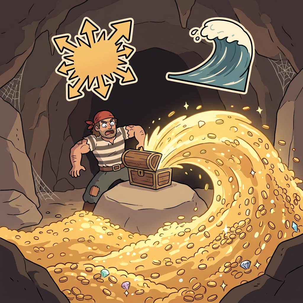 AB(overflow/away) + UND(wave) + ANCE(state) — an abundance is a state where a massive ocean wave of gold violently overflows out of a tiny chest.
