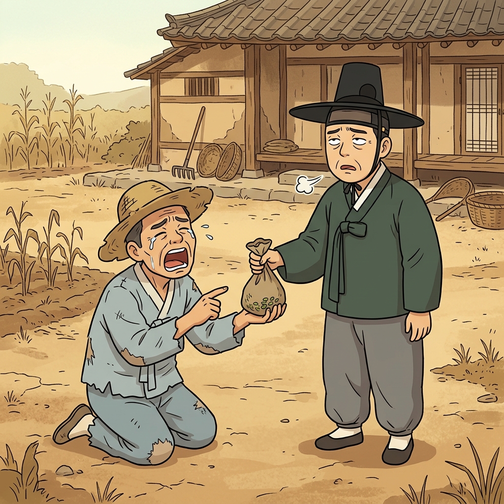 농부가 "악(ac)!" 소리치며 씨앗(cede)을 내놓으라고 매달리자, 지주도 마지못해 그 요구에 응했다(accede).