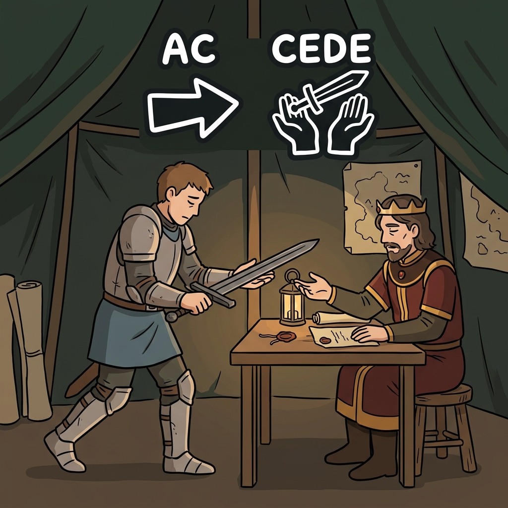 AC(toward) + CEDE(yield) — he stepped AC(toward) the enemy king to yield his sword and accede to the terms.