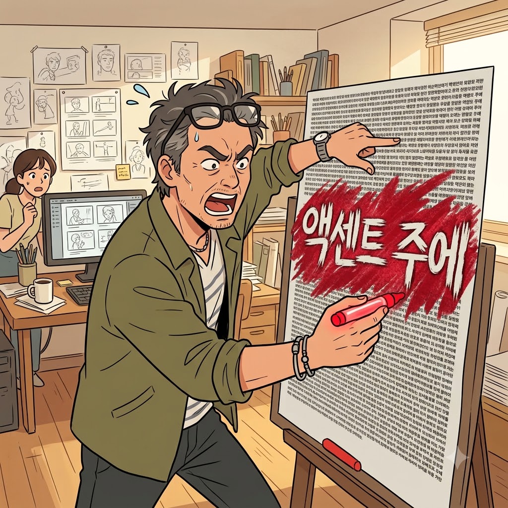 "이 단어에 붉은색으로 액센트(accent) 주에(uate/줘)!" 감독은 마커를 사용해 제목을 강하게 강조했다(accentuate).