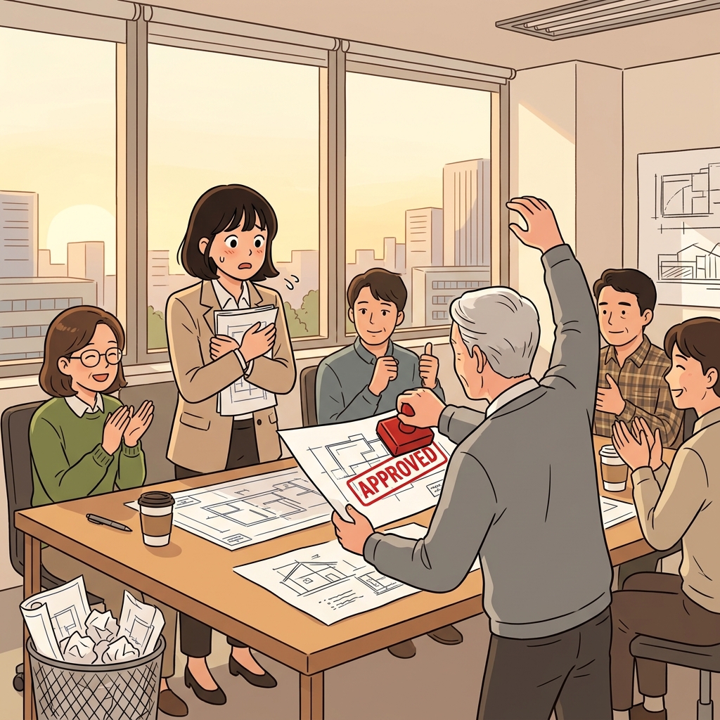 몇 달 동안 고친 끝에 그녀의 디자인이 드디어 통과됐다.
