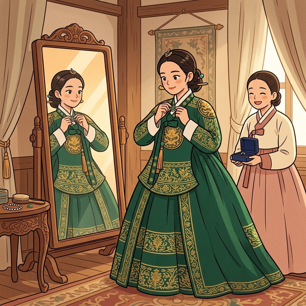 The queen chose one final accessory — a single emerald pin that made the entire gown complete.
