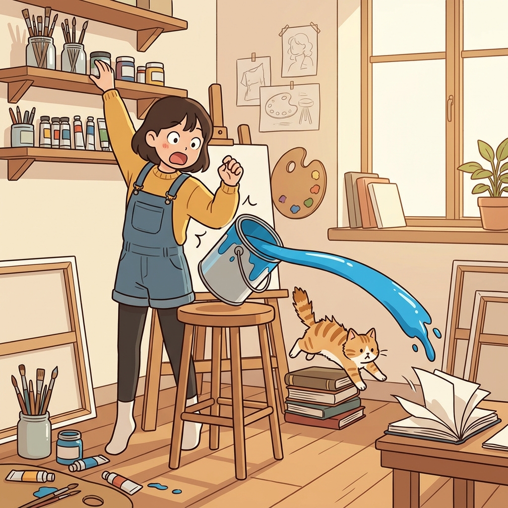 She accidentally knocked over the paint can while reaching for a brush.