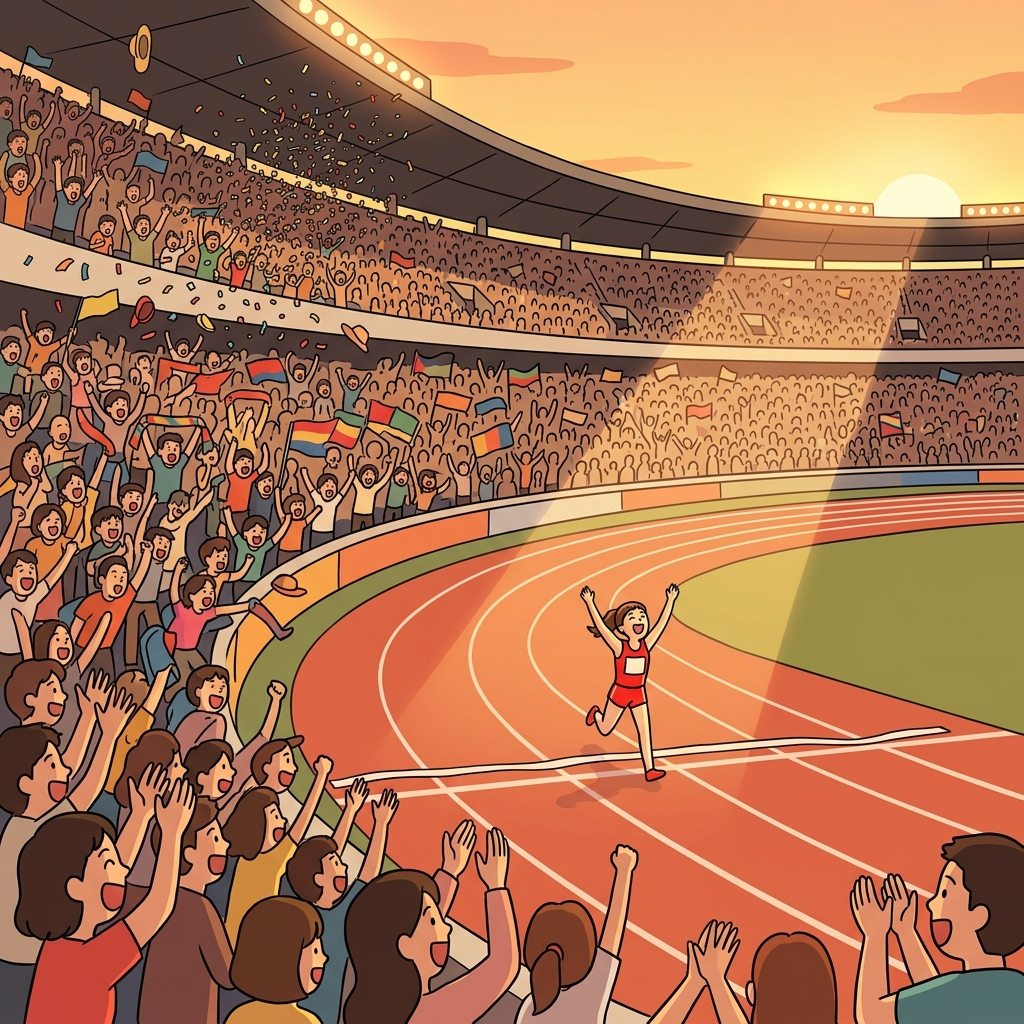 The crowd's acclamation filled the stadium when she crossed the finish line first.