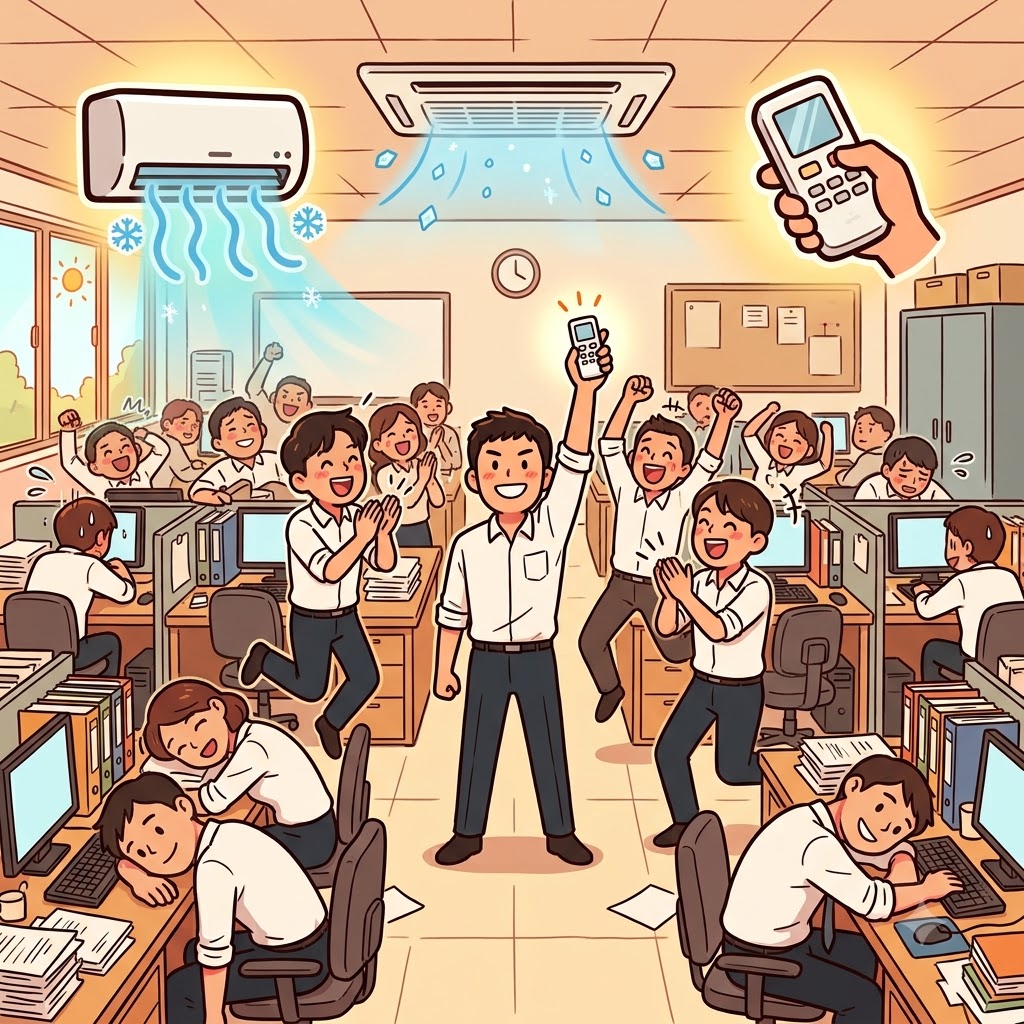 AC(Air Conditioner) + CLAIM(take) — when the brave worker CLAIMed the AC remote in the boiling office, everyone gave him loud acclamation.