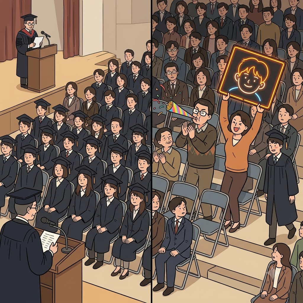 At the formal graduation, the proud parents broke the silence with their loud acclamation.
