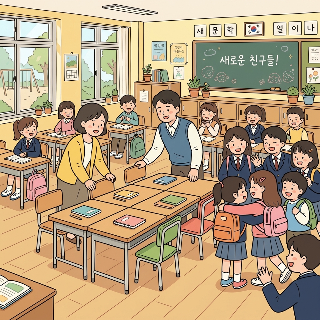 학교는 새로 전학 온 학생들을 위해 교실을 추가로 마련했다. ("아, 커먼! 다 돼!" → 필요한 것은 모두 준비해서 편하게 받아준다