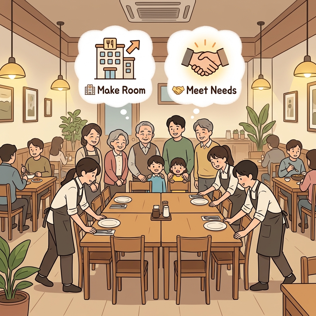 The restaurant accommodated a large family with a bigger table.