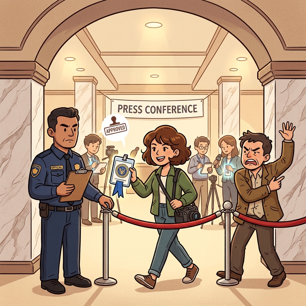 Only accredited journalists may enter the press conference hall.