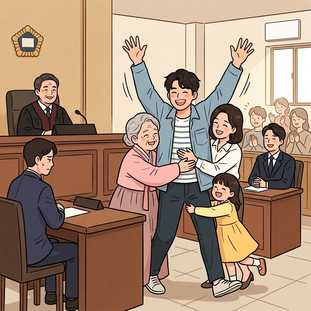 판사가 무죄(acquit)를 선고하자 남자는 "이제 그만!(I quit!)"이라며 안도의 미소를 지었다. (무죄 판결을 받았으니 재판은 끝! "이제 그만(I quit!)")