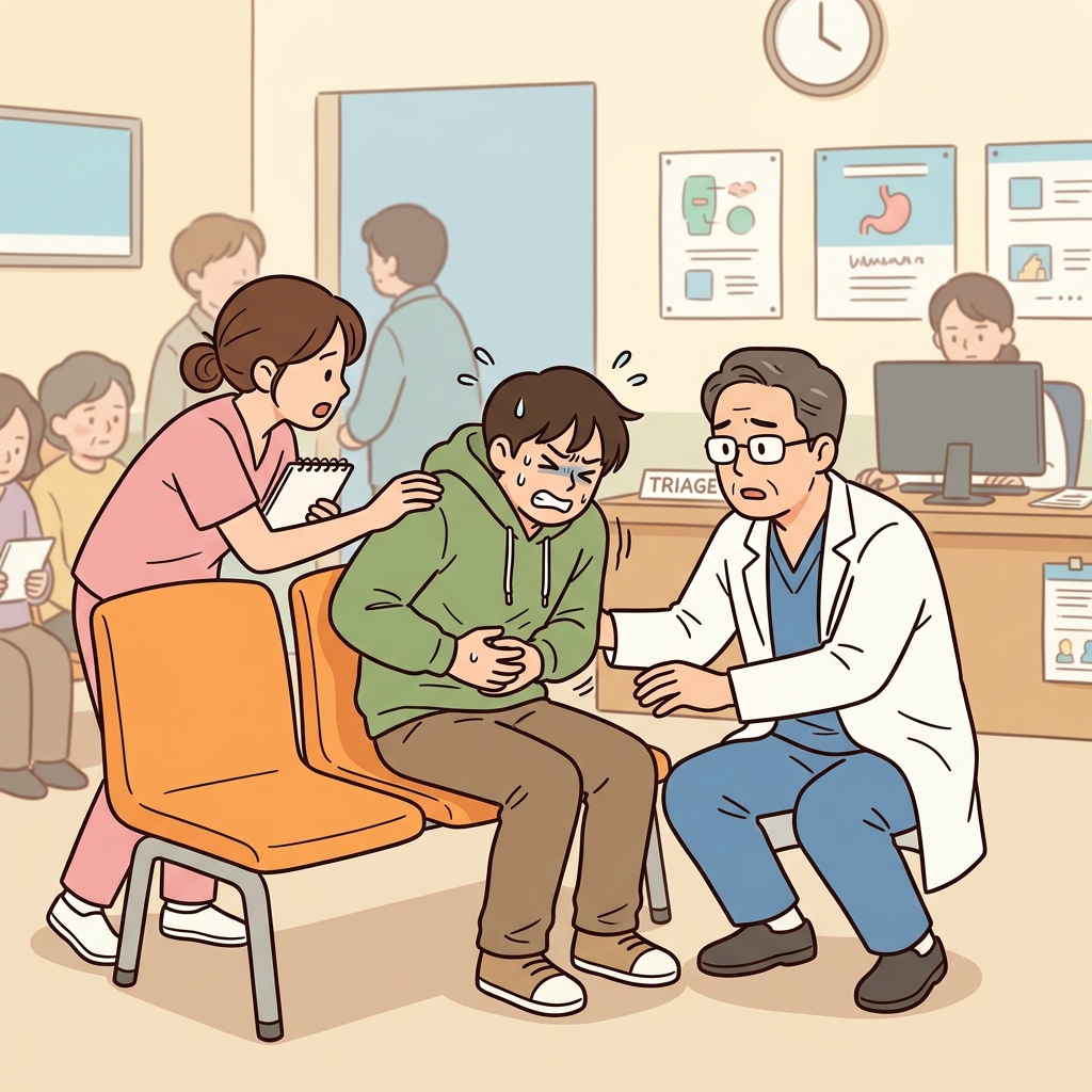 그 환자는 갑자기 심하게 아파져 응급 치료를 받았다. (A컷(A-cut)처럼 날카롭게 자른다.)