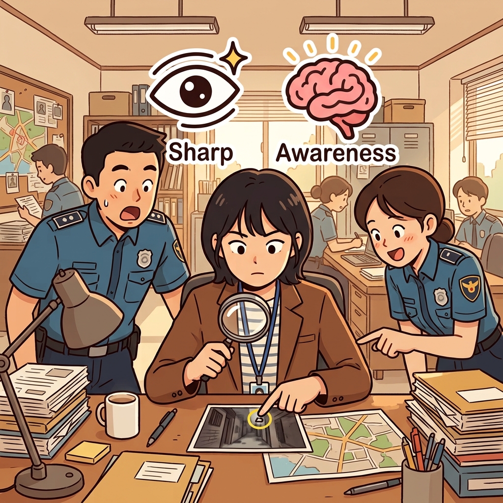 The detective observed the tiny clue acutely. (👀 Sharply + 🧠 Perceptively → Acutely)