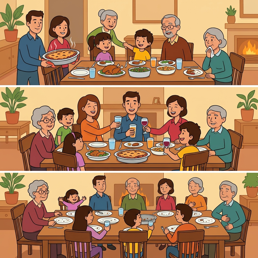 Additionally, the family prepared dessert, traditionally shared a toast, and finally enjoyed the meal together.