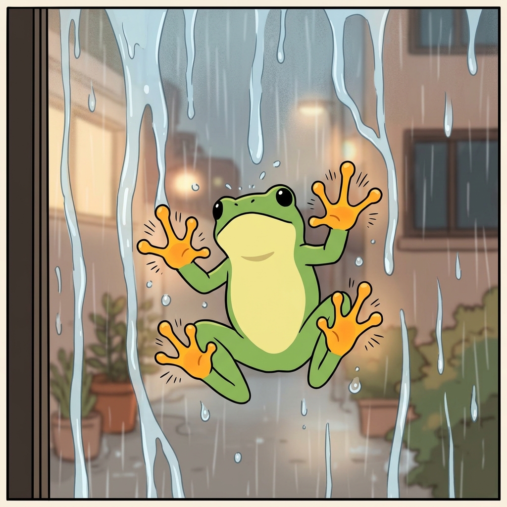 The green tree frog used its sticky toes to adhere to the wet glass.