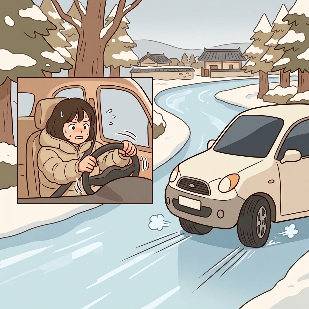She tried to steer, but the tires failed to adhere to the icy road.