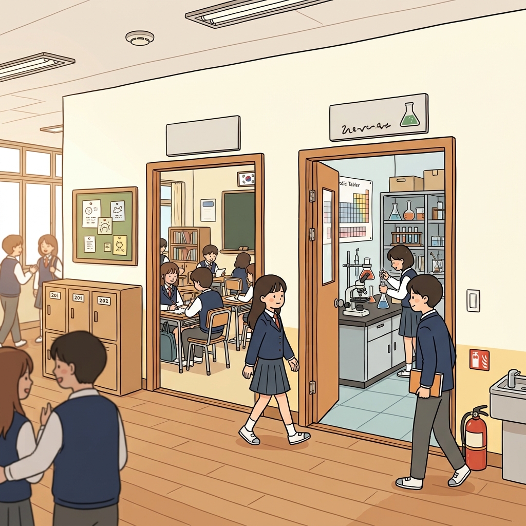 Our classroom is adjacent to the science lab.