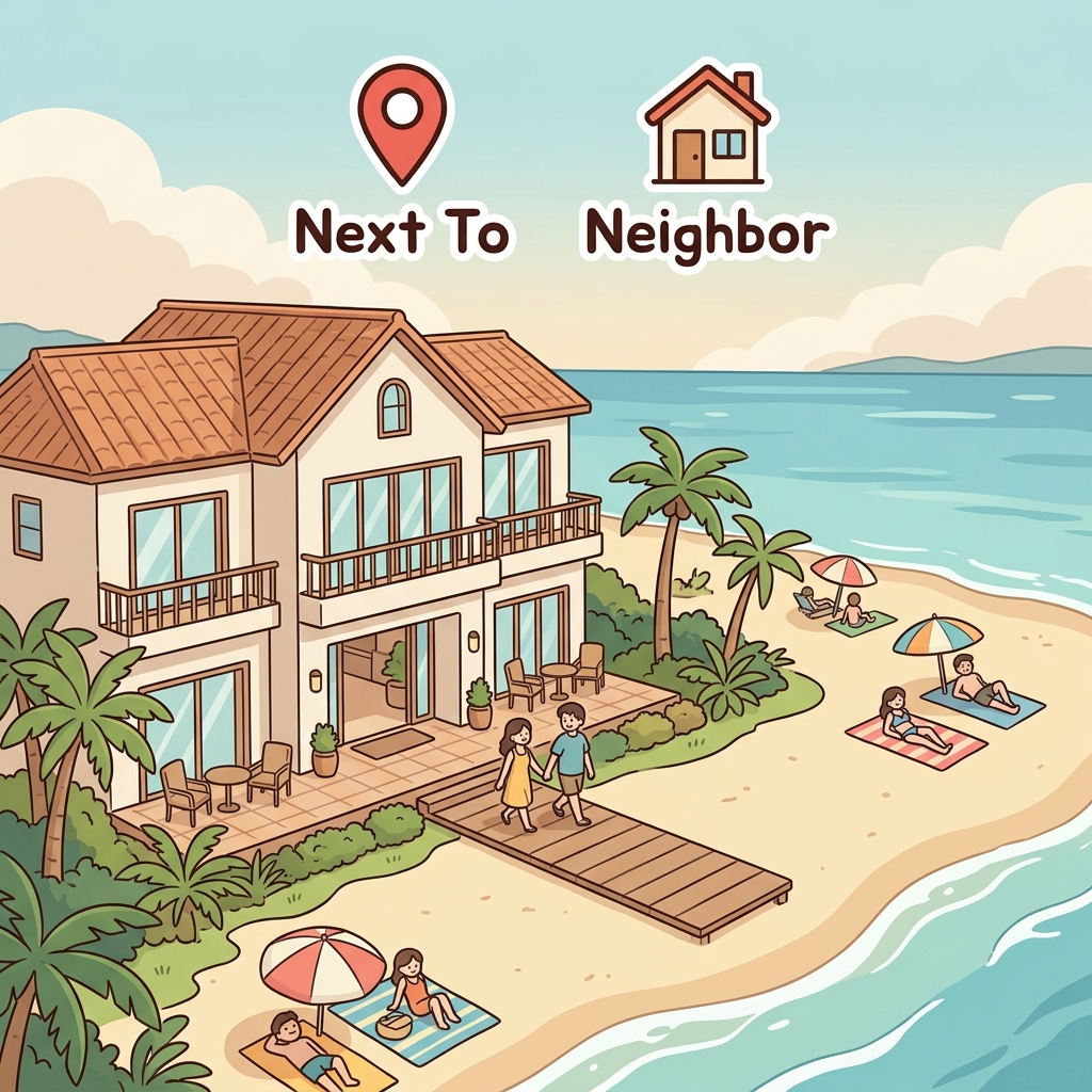 The hotel is adjacent to the beach. (📍 Next To + 🏠 Neighbor → Adjacent)