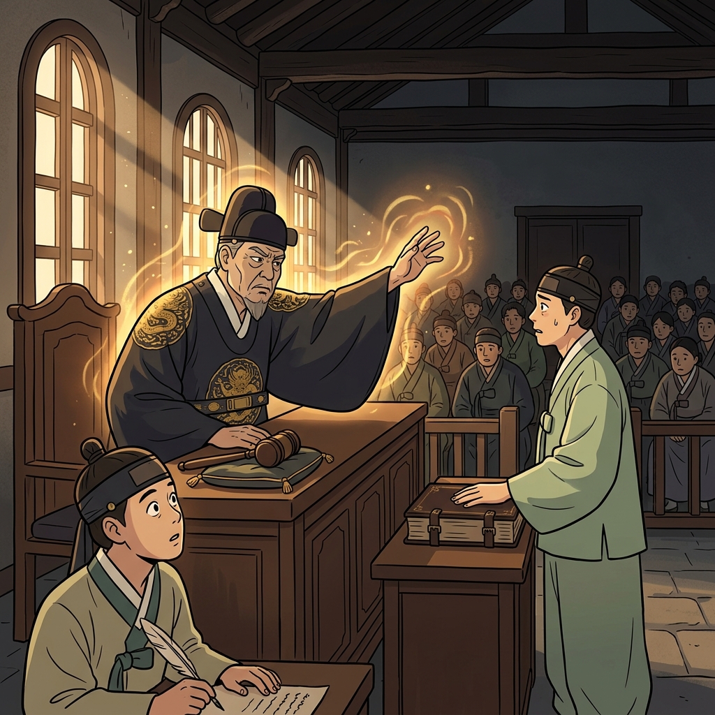 노판사가 증인에게 진실만을 말하라고 엄숙히 명했다.