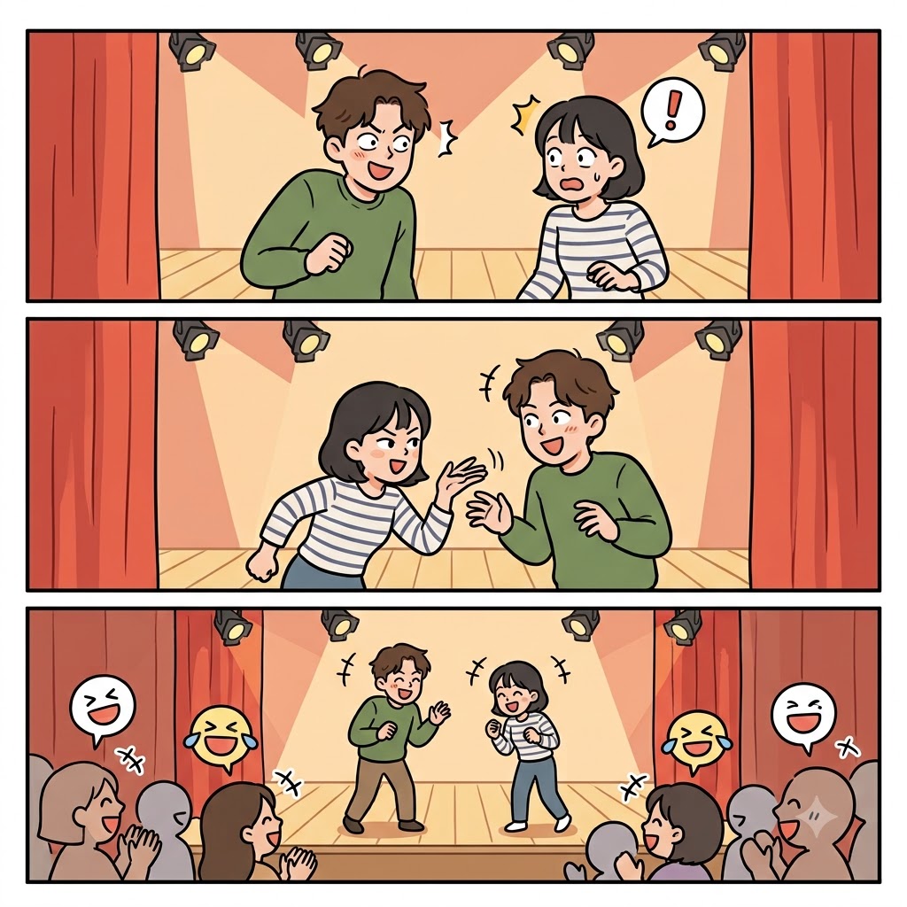 배우는 즉흥 공연(ad-lib)에서 즉흥 연기(improv)를 펼치며 생방송(live) 관객을 계속 웃겼다.