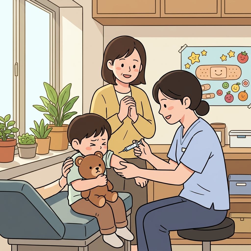 The nurse carefully administers the vaccine to the nervous child.