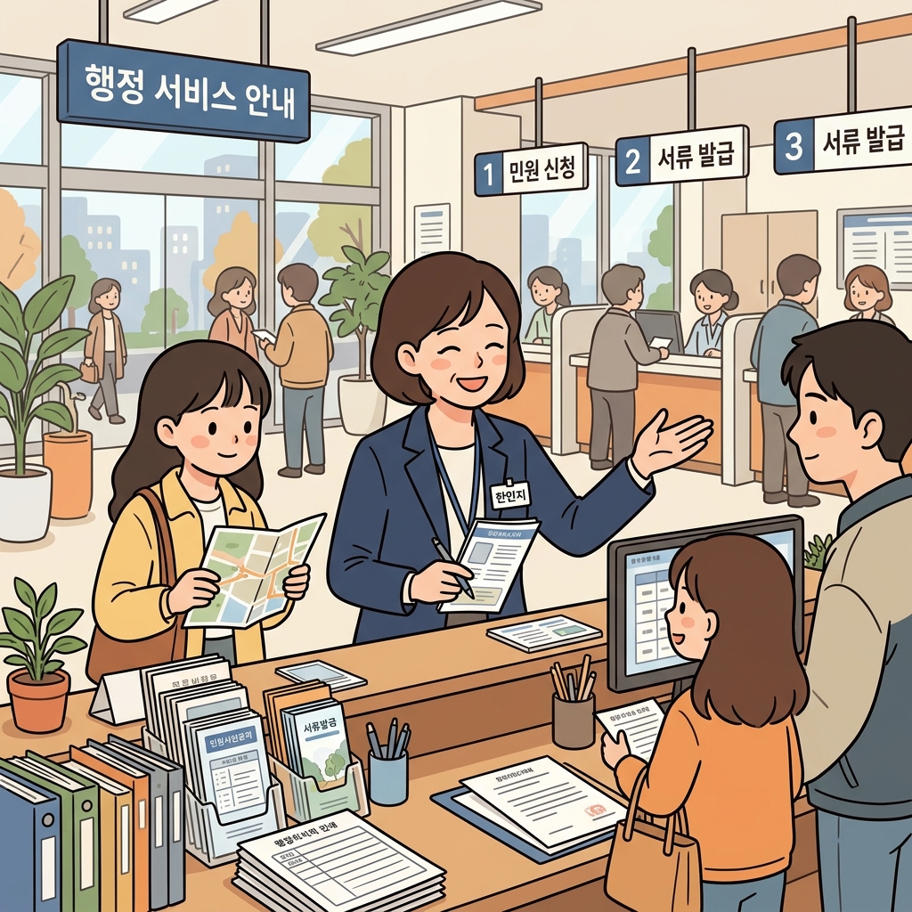 행정부는 방문객들이 올바른 민원 창구를 찾을 수 있도록 도왔다. ("안내 미스터!" → 안내를 맡은 직원이 행정 업무를 처리한다)